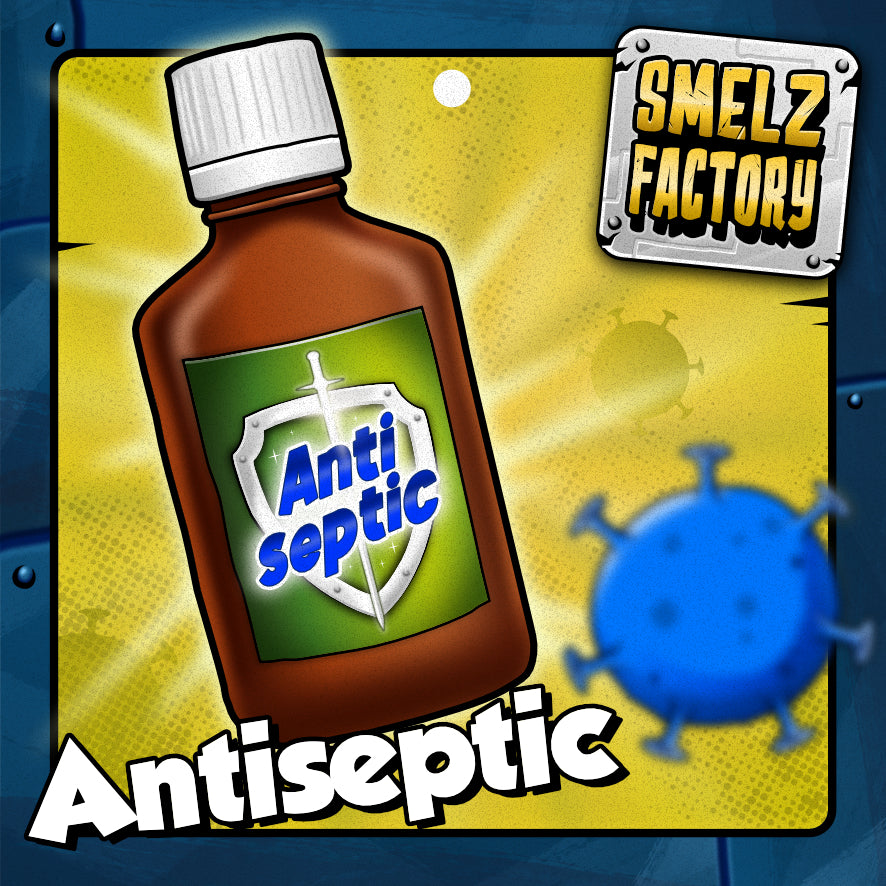 Antiseptic bottle with 'Smelz Factory' branding on a yellow background