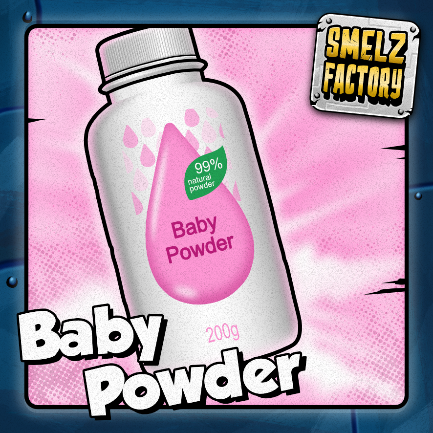 Baby powder packaging with 'Smelz Factory' branding on a pink background