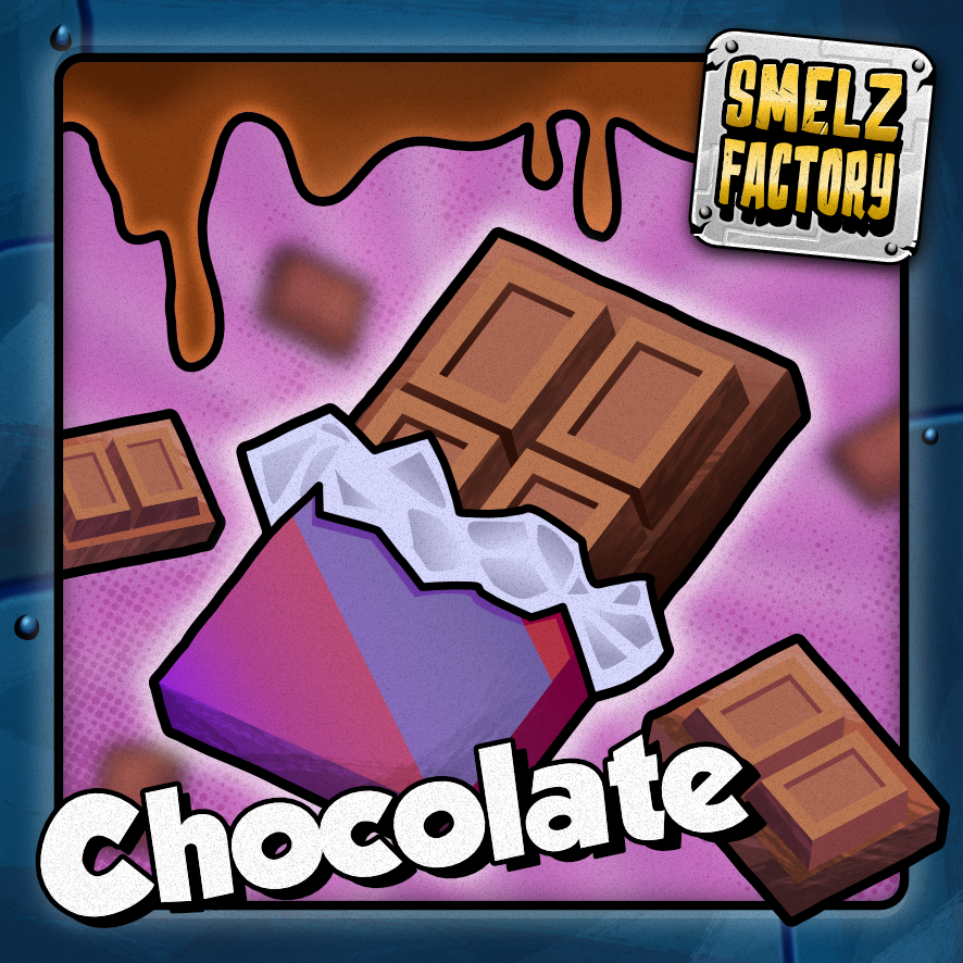 Cartoon-style chocolate bars with a 'Smelz Factory' logo on a colorful background