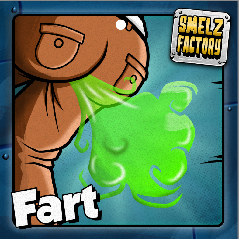 Cartoon character with a farting gesture and 'Smelz Factory' branding on a blue background.