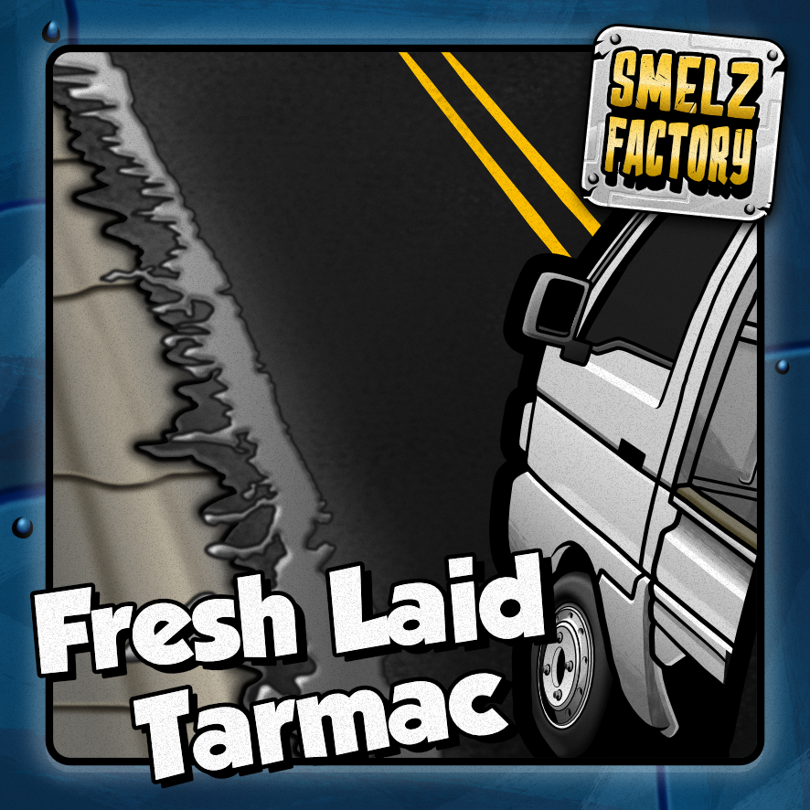 Illustration of a truck on a road with 'Smelz Factory' logo and text 'Fresh Laid Tarmac'.