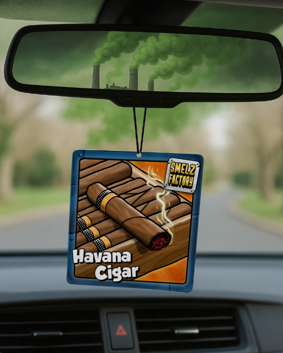Car air freshener with 'Havana Cigar' design hanging from a car's rearview mirror.