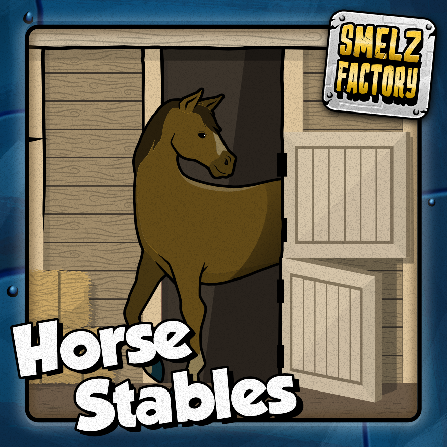 Cartoon horse standing in a stable with 'Smelz Factory' branding.