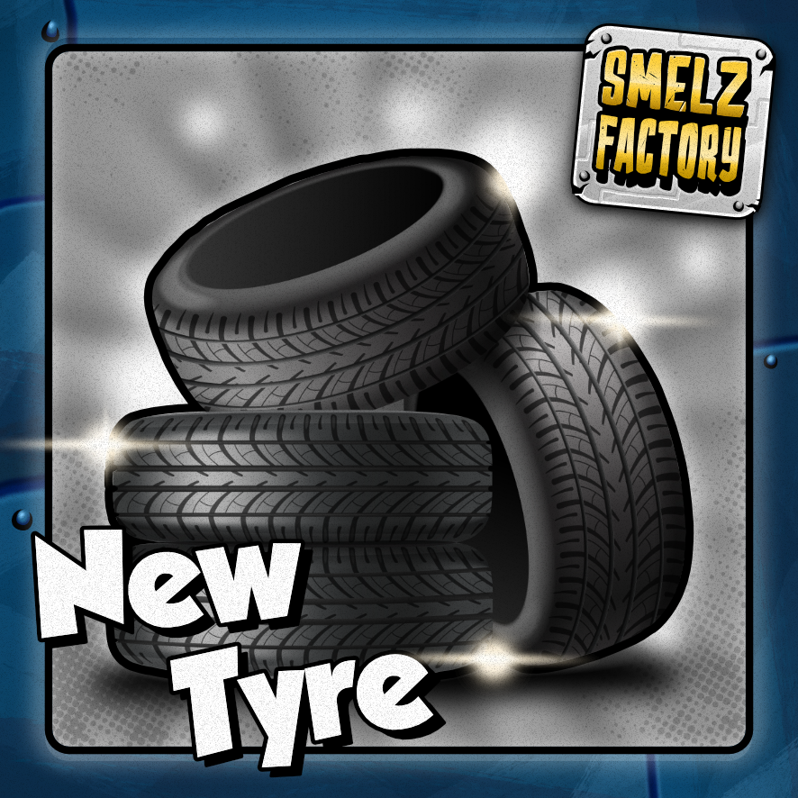 Three new tires stacked with 'Smelz Factory' branding and 'New Tyre' text on a dark background.
