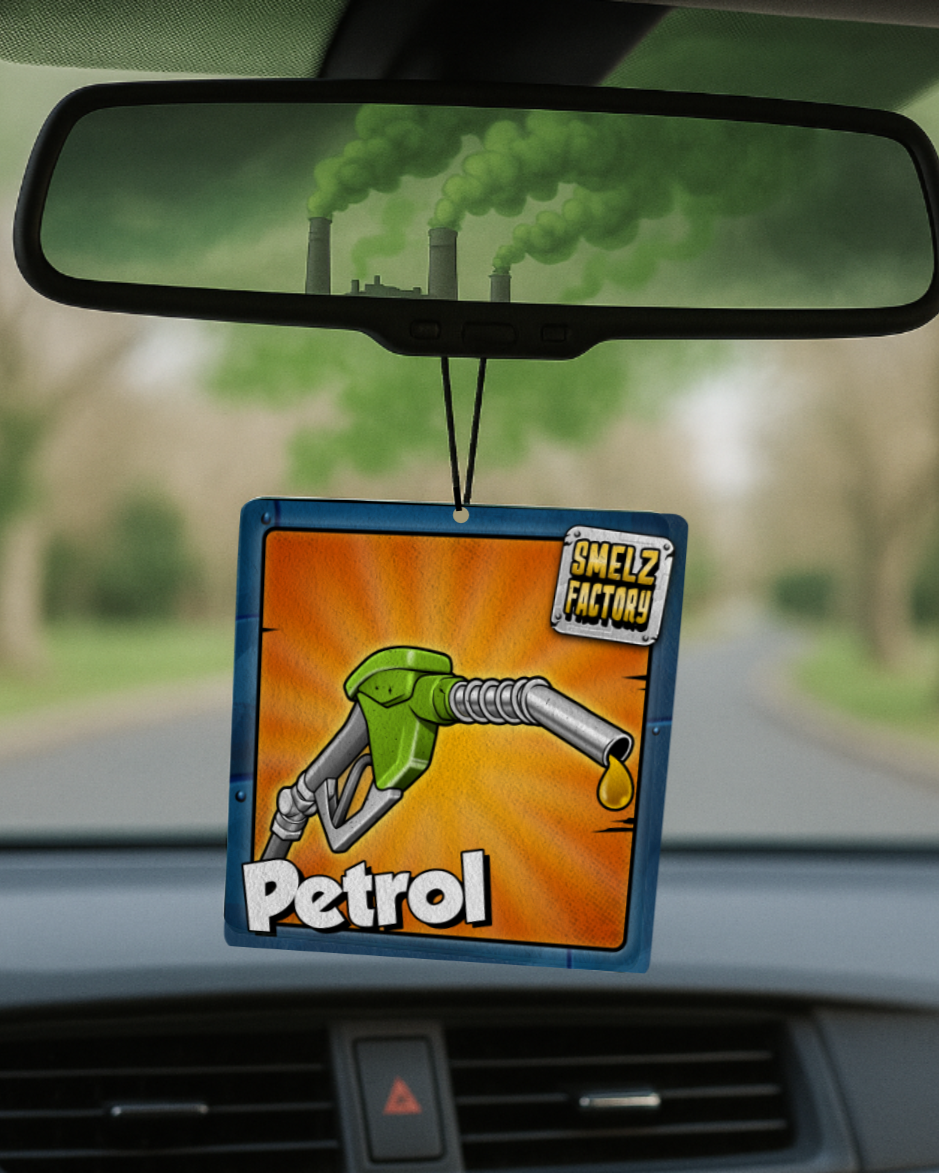 Car air freshener with petrol pump design hanging from a car's rearview mirror.