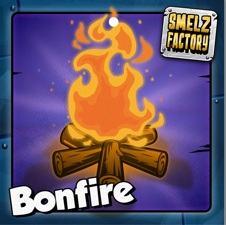 Bonfire illustration with 'Smelz Factory' logo on a blue background