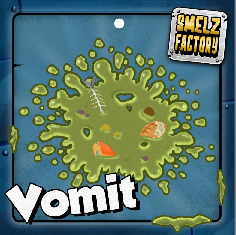 Product packaging for 'Vomit' by Smelz Factory with a blue and green design.