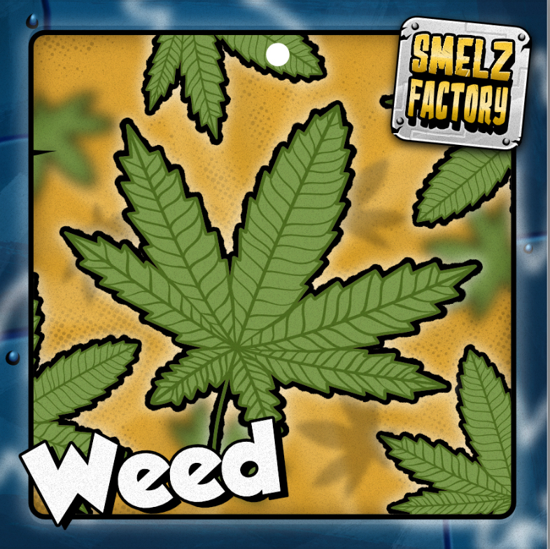 Green cannabis leaf with 'Smelz Factory' and 'Weed' text on a textured background