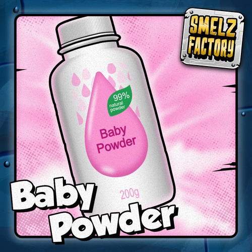 Baby powder packaging with 'Smelz Factory' branding on a pink background