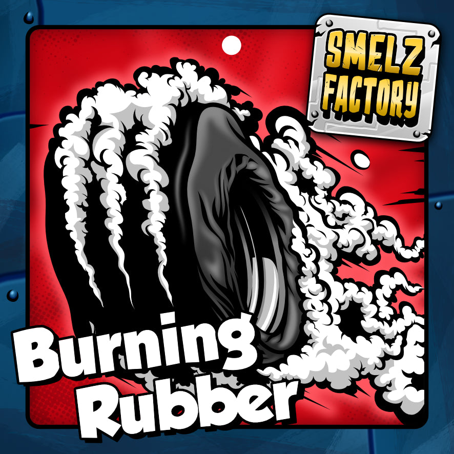 Stylized graphic with 'Smelz Factory' and 'Burning Rubber' text on a red background.