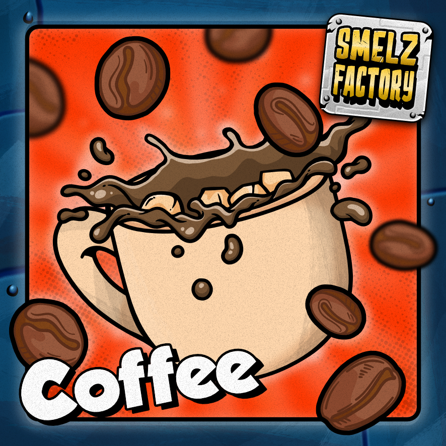 Cartoon coffee cup with coffee beans and 'Smelz Factory' branding on a red background