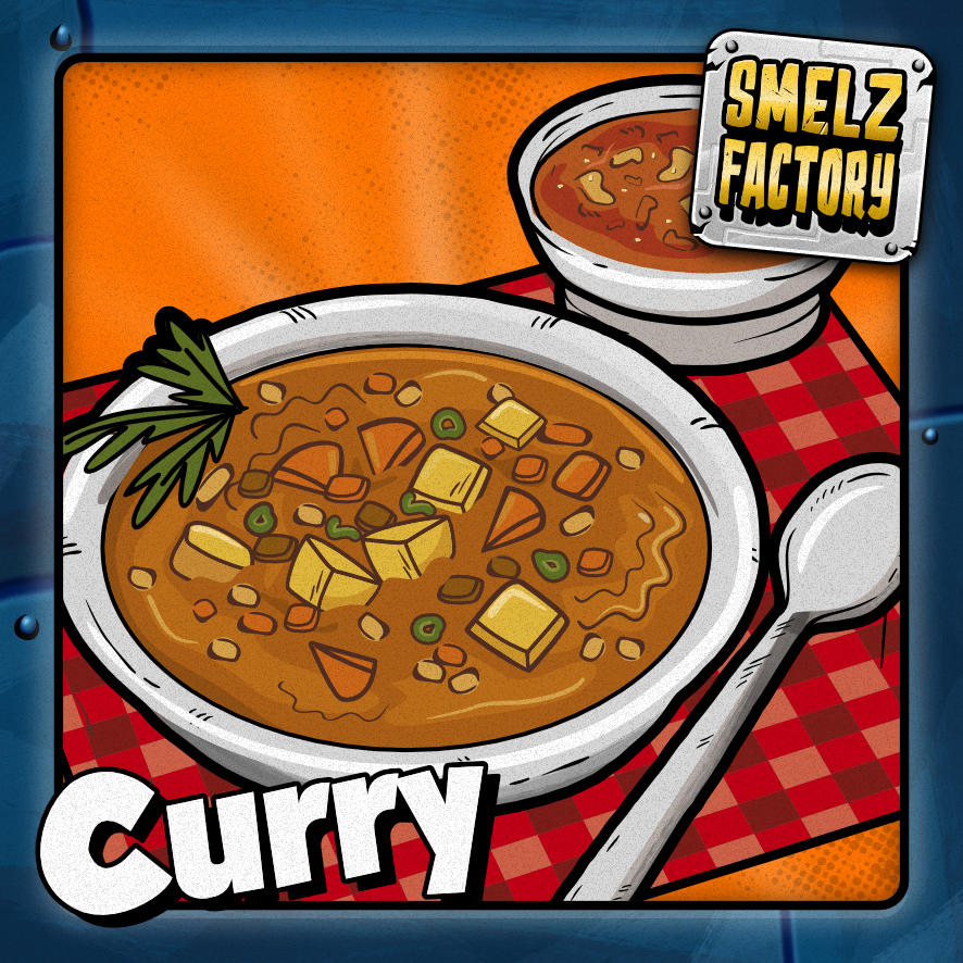Illustration of a bowl of curry with a spoon on a checkered tablecloth, featuring the 'Smelz Factory' brand.