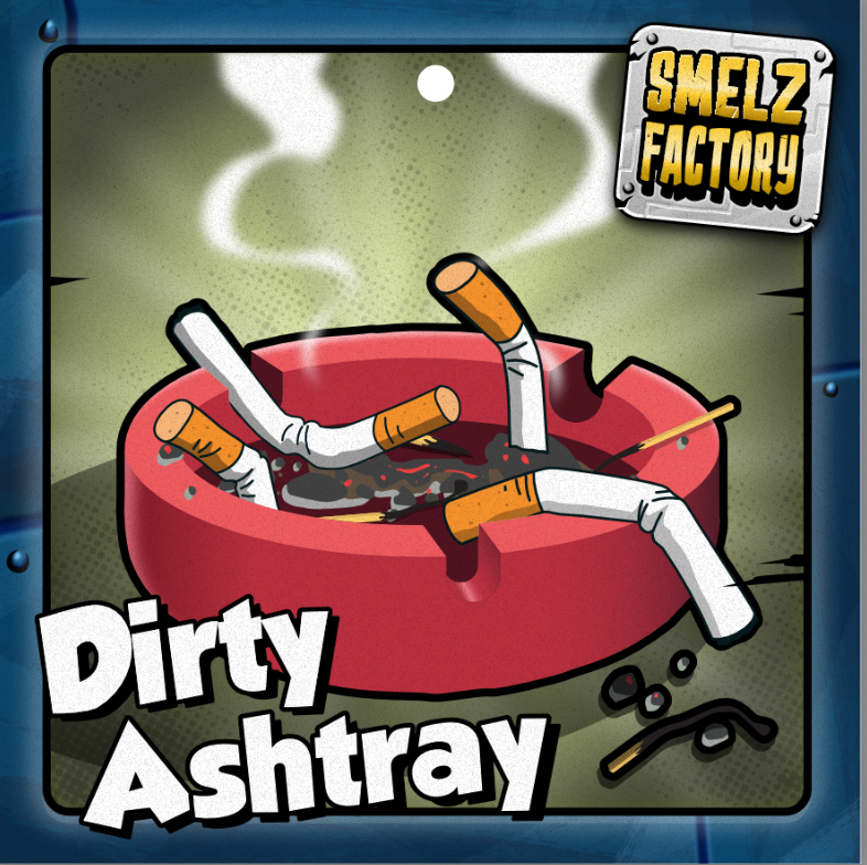 Cartoonish depiction of a dirty ashtray with cigarettes and the 'Smelz Factory' logo.
