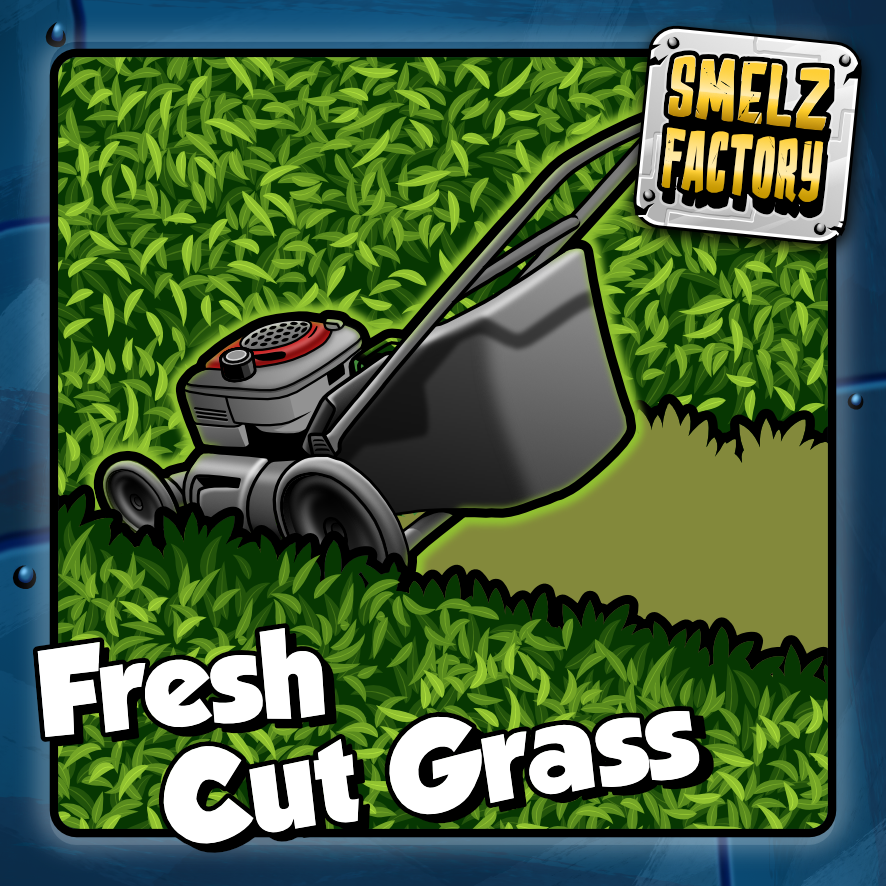 Lawn mower on grass with 'Smelz Factory' logo and 'Fresh Cut Grass' text.