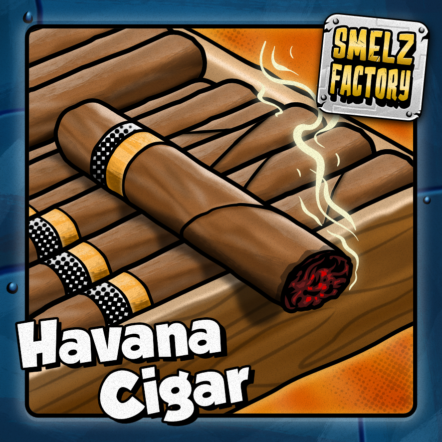 Illustration of Havana cigars with 'Smelz Factory' branding on a blue background