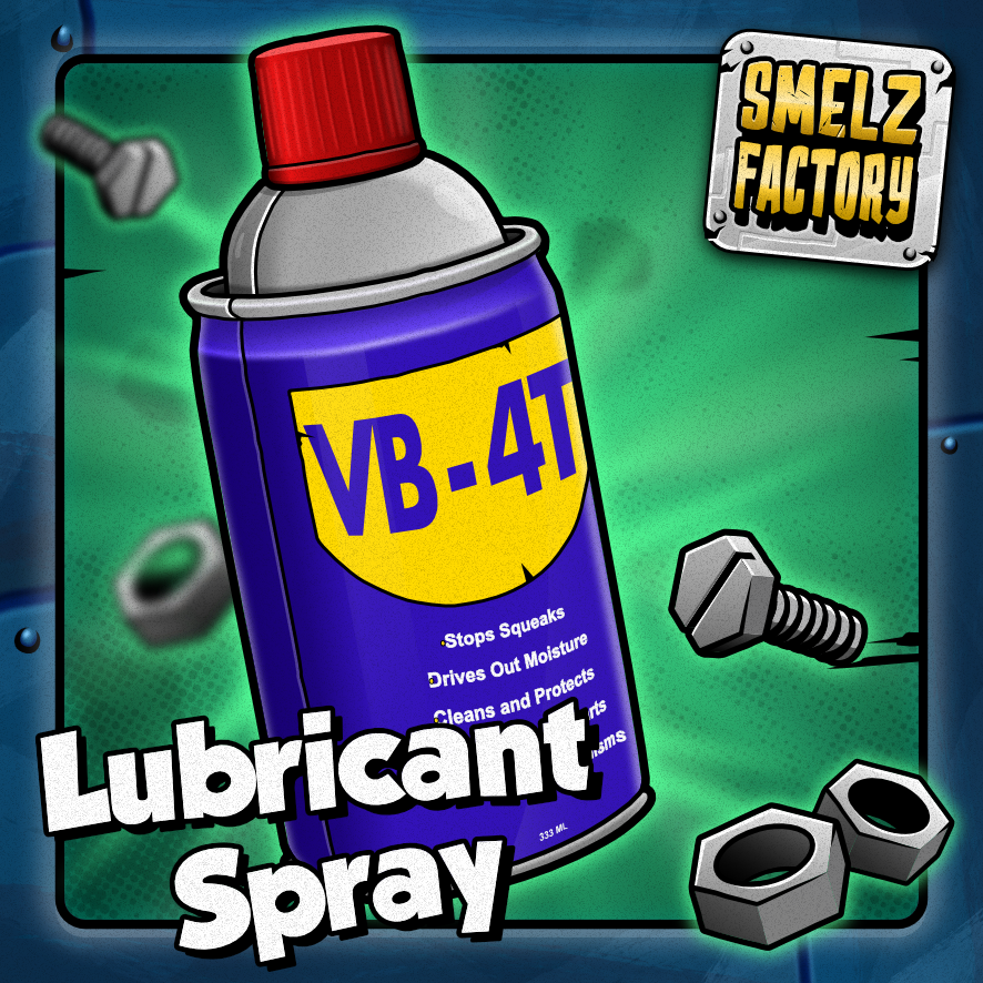 VB-4T Lubricant Spray can with red cap on a green and blue gradient background, featuring 'Smelz Factory' branding.