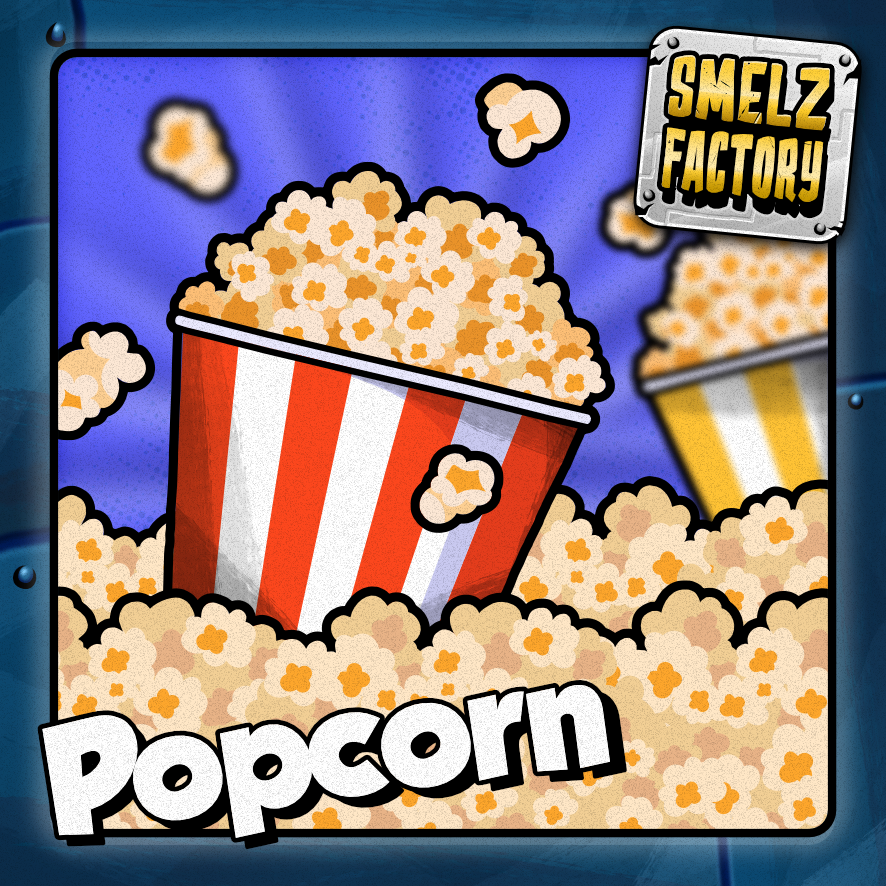 Cartoon popcorn bucket with scattered popcorn and 'Smelz Factory' logo on a blue background