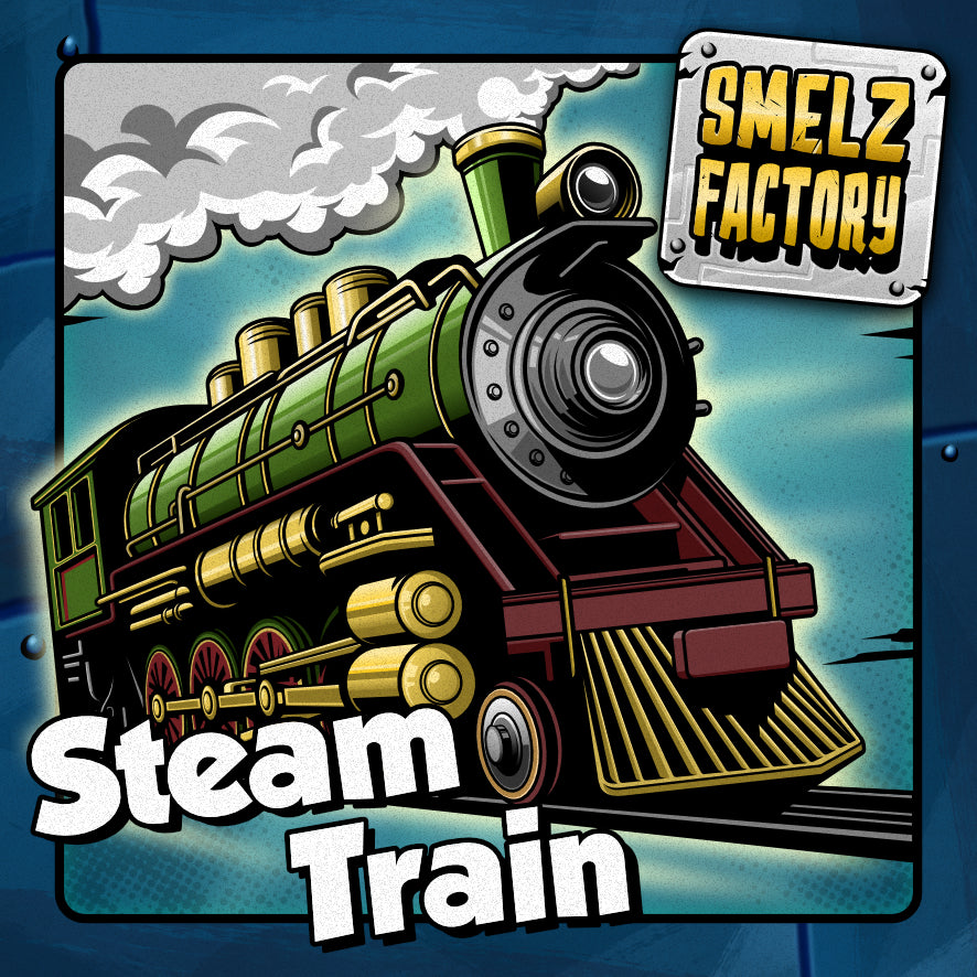 Illustration of a steam train with 'Smelz Factory' branding on a blue background