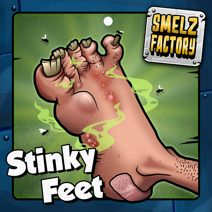 Cartoon illustration of a stinky foot with flies and the Smelz Factory logo.