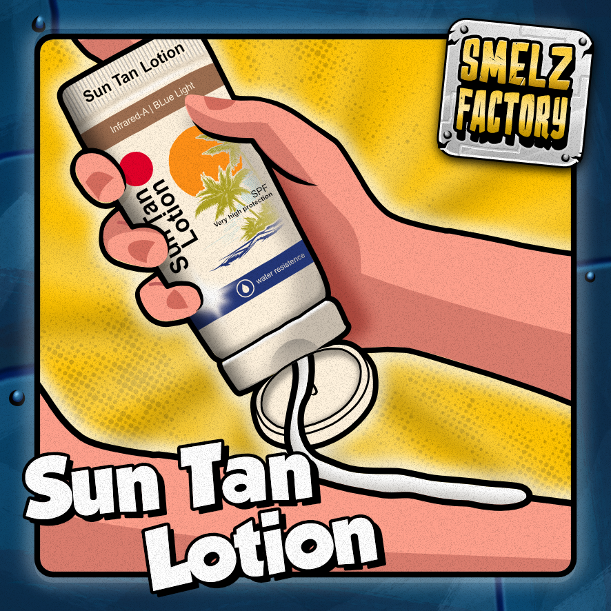 Cartoon hand holding sun tan lotion with 'Smelz Factory' branding