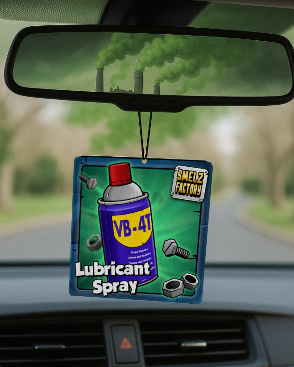 Car air freshener with a humorous design of a lubricant spray can hanging from a car's rearview mirror.