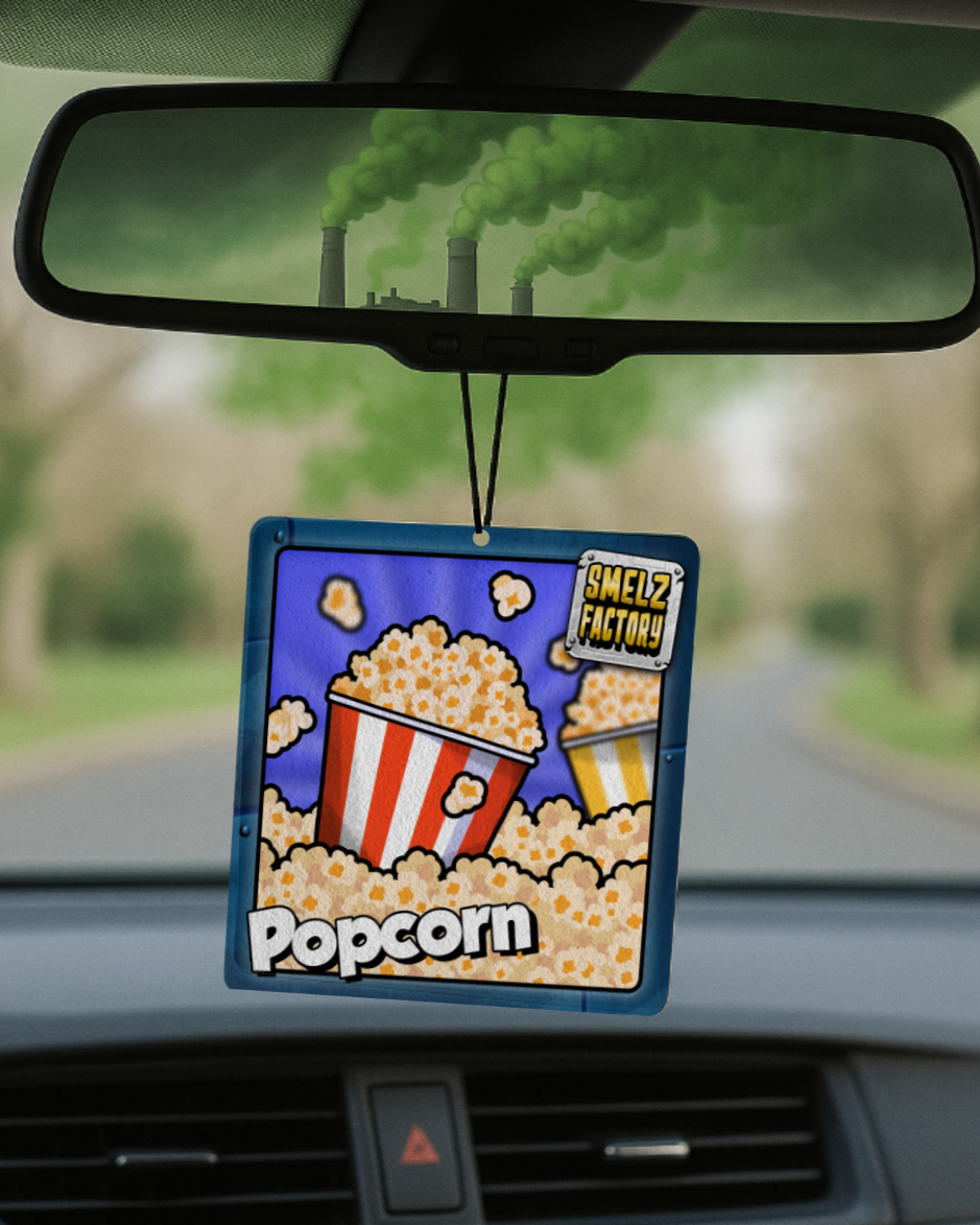 Car air freshener with popcorn design hanging from a rearview mirror.